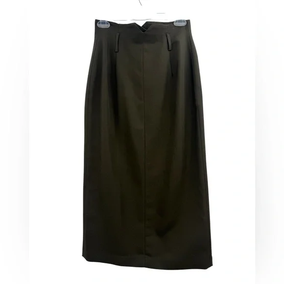 Vintage 90s Olive Green Button Front Midi Skirt High Waist Tailored Minimalist - Picture 6 of 15